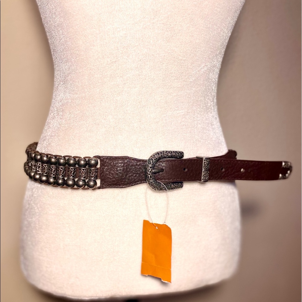 Western Belt Genuine Leather Large Brown Silver